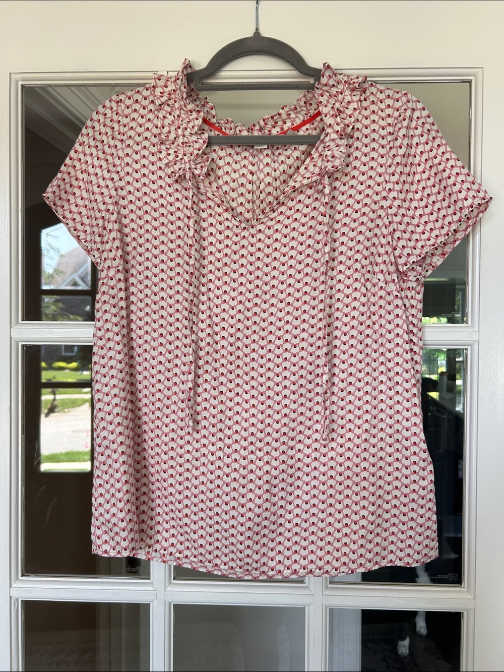 Boden Pink & White Ruffle V-Neck Short Sleeve Blouse